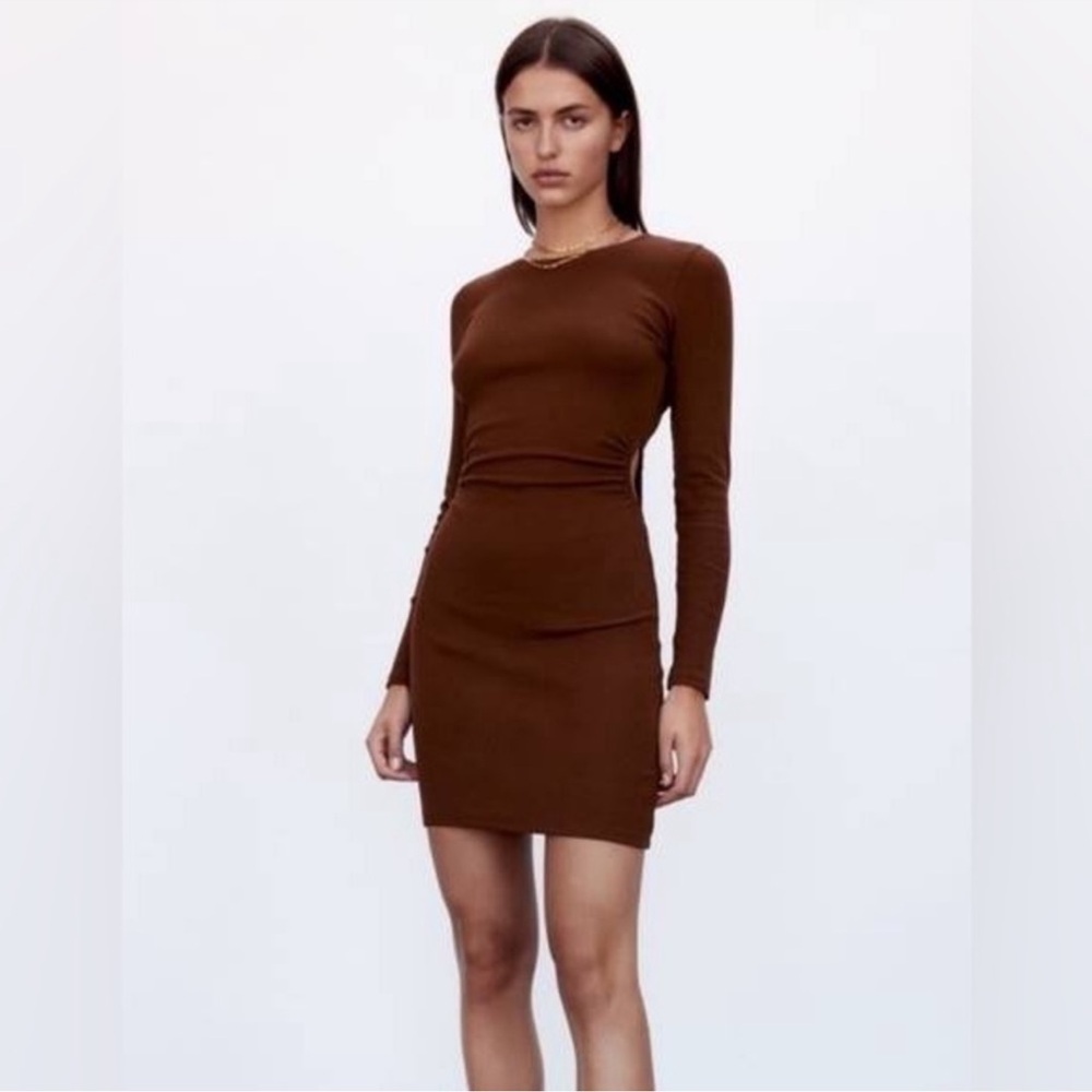 Brown Long Sleeve Cut-Out Bodycon Dress